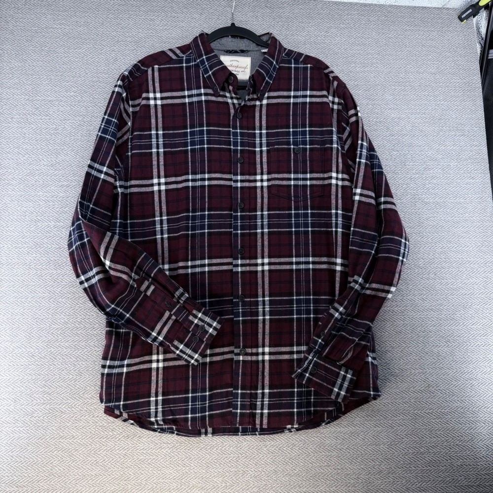Weatherproof Vintage Flannel Shirt XL Burgundy Plaid Casual Button Up Shirt - Picture 3 of 11